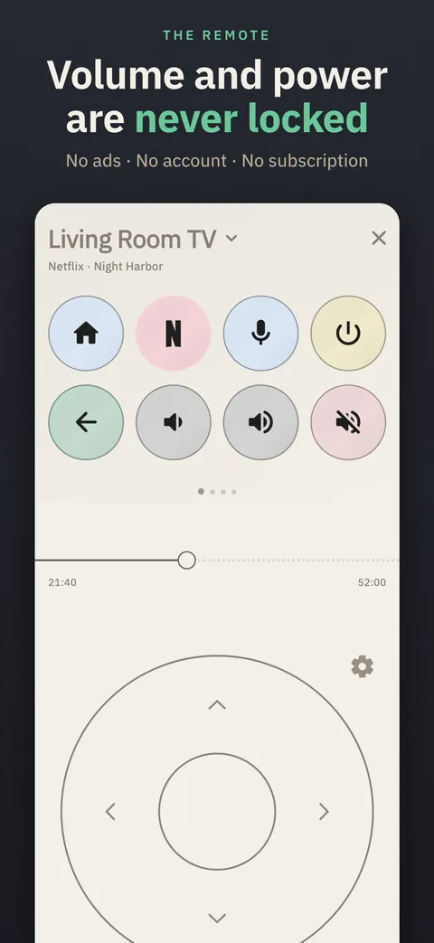 Volume and power are never locked: the remote on Living Room TV, with what's playing and a live timeline.