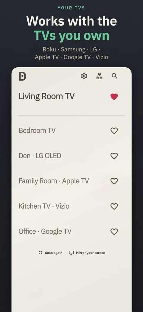 Works with the TVs you own: a list of six TVs, from Roku to LG, Apple TV, Vizio and Google TV.